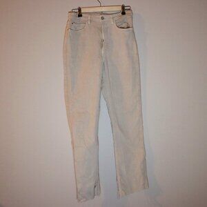 Zara cream tan jean pants, intentionally distressed fashion detail